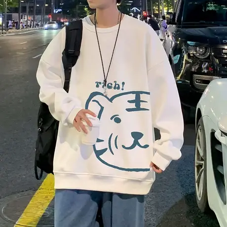 潮牌卡通印花无帽圆领卫衣男秋冬季港风潮ins宽松长袖套头上衣服商品大图