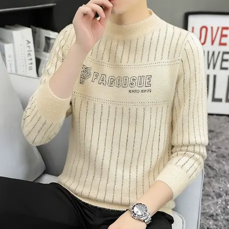 2022秋冬季半高领毛衣男条纹提花字母保暖加厚打底针织衫毛线衣潮商品大图