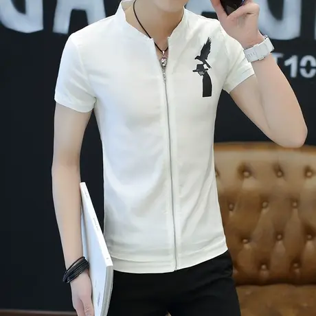拉链个性开衫t恤夏装短袖修身型韩版体恤潮男夜场发型师半袖T上衣商品大图
