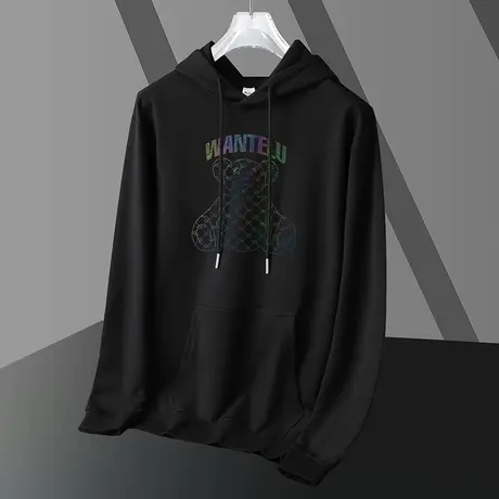 黑色卫衣男秋冬加绒加厚潮牌小熊印花长袖带帽衫宽松潮流连帽外套商品大图