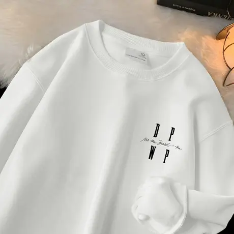 320g重磅男士卫衣2024新款白色长袖t恤加绒加厚无帽圆领潮牌潮流商品大图