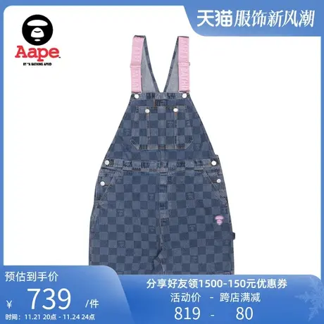 Aape旗舰店女装春夏潮流猿颜徽章格纹牛仔背带短裤6869XXI商品大图