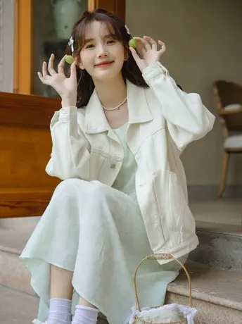 春秋米白色牛仔外套女宽松港风复古百搭设计感工装夹克高街上衣潮商品大图