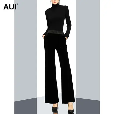 黑色丝绒百搭裤子女冬2023新款欧美风修身显瘦气质垂感高腰阔腿裤图片