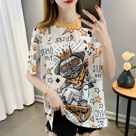 白色t恤女2023年新款印花卡通夏季宽松圆领短袖设计感女小众ins潮商品大图