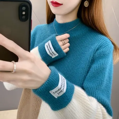 半高领水貂绒毛衣女加厚打底衫2023秋冬新款套头拼色针织内搭上衣商品大图