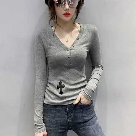 2024春秋新款性感V领T恤女长袖洋气修身刺绣上衣紧身内搭打底衫潮商品大图