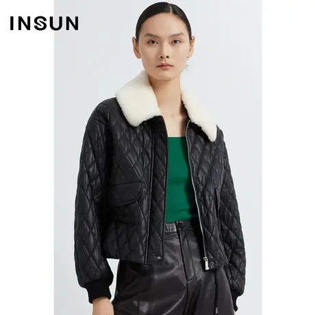 INSUN恩裳冬季绣花格纹休闲白鹅绒羽绒服图片