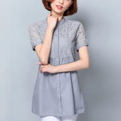 女士衬衫2023夏装新款韩版百搭纯色简约女上衣大码蕾丝接拼女衬衣商品大图