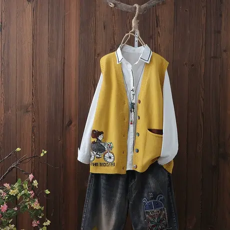 秋季新款 文艺V领无袖毛衣马甲女针织开衫宽松单排扣毛线马夹坎肩商品大图