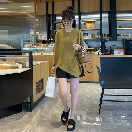 设计感不规则宽松慵懒风大版短袖T恤女2023新款中长款百搭上衣夏商品大图
