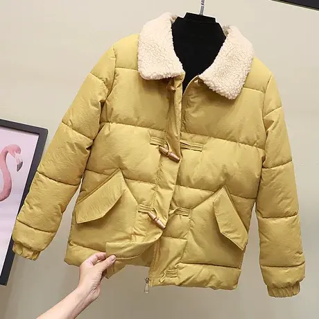 韩版百搭宽松学生短款面包服女冬2023秋冬新款蓬蓬牛角扣棉衣棉服图片