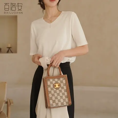 百洛安V领短袖T恤女针织衫夏季新款宽松休闲百搭套头天蚕丝上衣薄商品大图