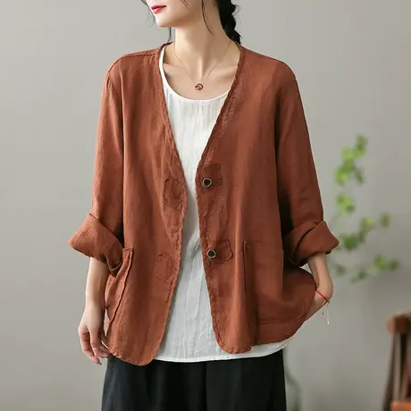dza复古亚麻短外套女士2023春季新款v领外搭开衫休闲宽松棉麻上衣图片