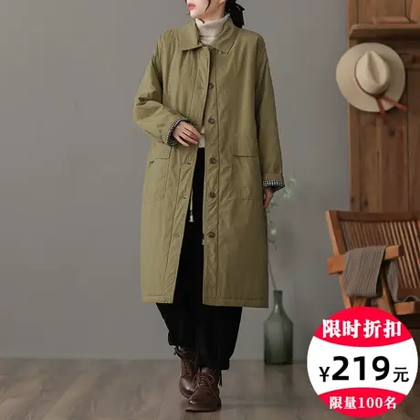 dza 复古翻领长款棉衣外套女士冬季加厚保暖棉袄大衣宽松休闲棉服图片