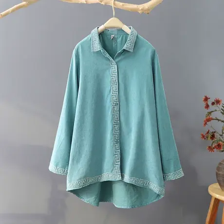 文艺长袖刺绣衬衫女2024年春季新款上衣宽松衬衣前短后长休闲开衫图片