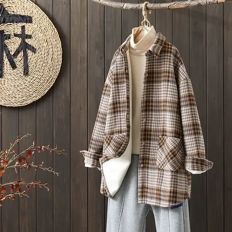 枫谜2022年冬季新款复古宽松中长款加绒加厚格子磨毛休闲百搭衬衫图片