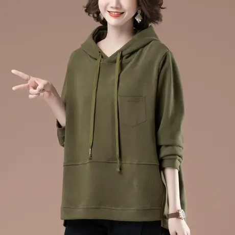 连帽卫衣女春秋新款加肥加大码女装宽松中长款遮肚子百搭显瘦上衣商品大图