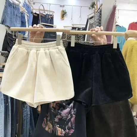 灯芯绒短裤女春秋宽松韩版高腰直筒显瘦百搭休闲阔腿裤子女潮ins图片