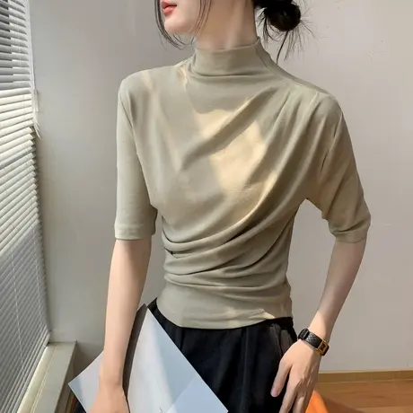 法式小香风修身半高领中袖T恤女早秋褶皱内搭正肩遮肚子打底衫图片