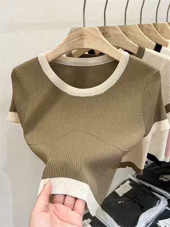 针织衫女短袖夏季2023新款撞色别致设计感短款上衣内搭打底衫女潮商品大图