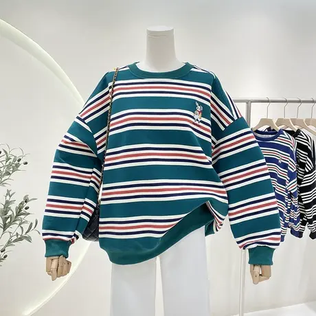 洋气小兔子刺绣条纹圆领卫衣女2023年春秋宽松慵懒风减龄休闲上衣商品大图