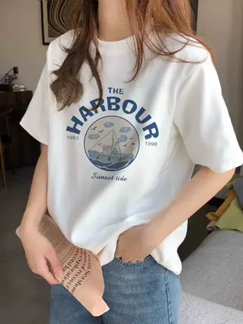 美式白色女士仿棉短袖t恤夏季2023新款小众设计感宽松韩版上衣潮商品大图