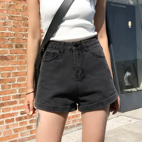辣妹高腰牛仔短裤女夏季薄款2023新款网红宽松黑色a字热裤子ins潮商品大图