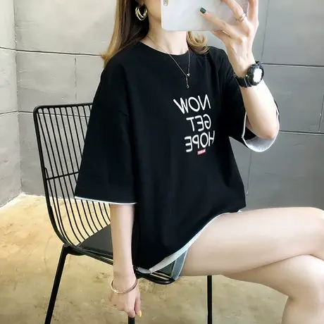 网红ins超火短袖t恤女夏韩版宽松原宿bf风欧货大版假两件上衣服潮商品大图