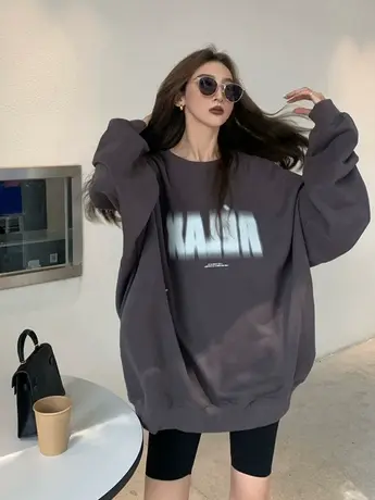 灰色无帽卫衣女欧美炸街hiphop潮牌情侣大码外套秋冬加绒ins上衣商品大图