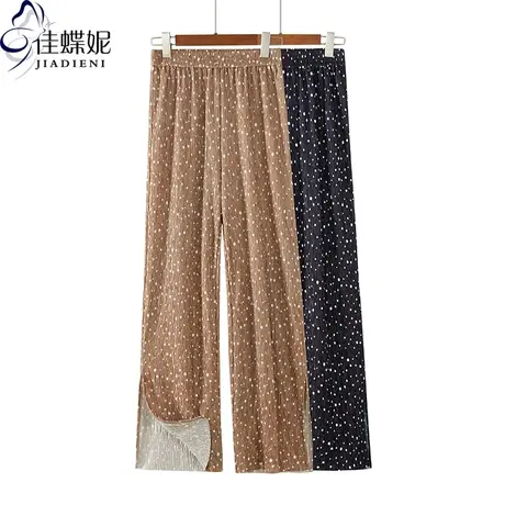 夏季新款宽松休闲气质直筒裤松紧腰斑点纯色侧开叉长裤女下装商品大图