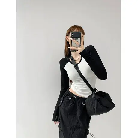 设计感小众拼色长袖T恤女春秋冬内搭短款打底衫高腰露脐紧身上衣图片