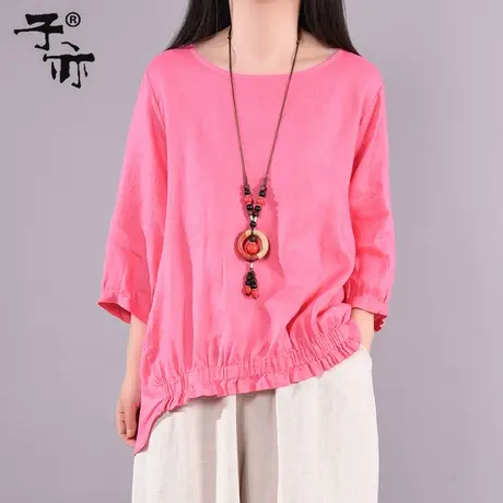 子亦夏装新款棉麻休闲收腰显瘦衬衫上衣宽松文艺纯色大码小衫商品大图