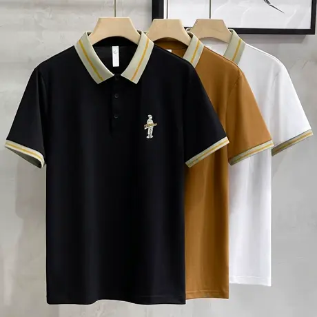 条纹领polo衫短袖男夏季潮牌2023新款丝光棉半袖刺绣休闲翻领t恤商品大图