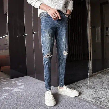 2023秋冬新款个性刺绣小脚牛仔裤男韩版修身铅笔裤高街潮牌乞丐裤图片