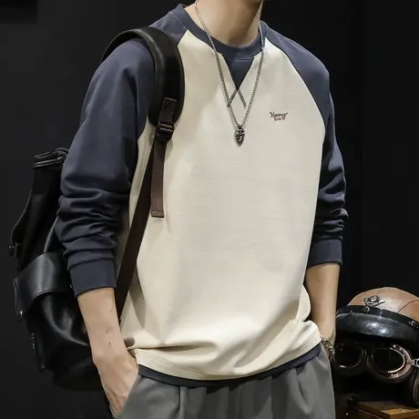 拼色长袖t恤男休闲潮宽松大码2024新款男士重磅打底内搭衣服春秋图片