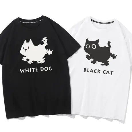 秀洛幻影修猫修狗黑色印花短袖迷幻黑猫白狗短袖T恤男猫狗打底衫商品大图