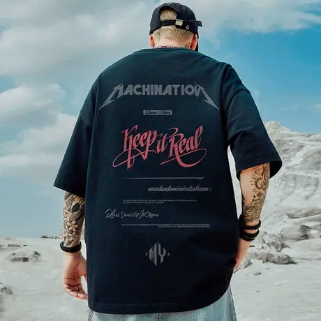 夏季纯棉美式复古短袖t恤男宽松胖子大码男装ins潮牌加肥加大半袖商品大图