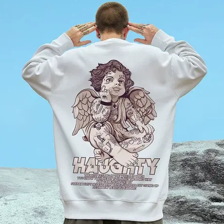 欧美高街潮牌无帽卫衣男纯棉ins宽松圆领加肥加大码胖子加绒秋冬图片