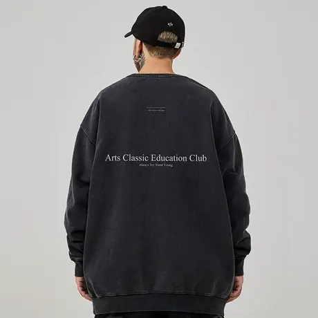 加肥加大码圆领美式重磅复古胖子男装加绒宽松水洗做旧卫衣秋冬款图片