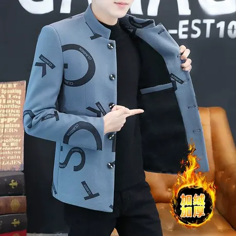 秋冬中山装男韩版加绒加厚中华立领西服呢外套中国风西装唐装婚礼商品大图