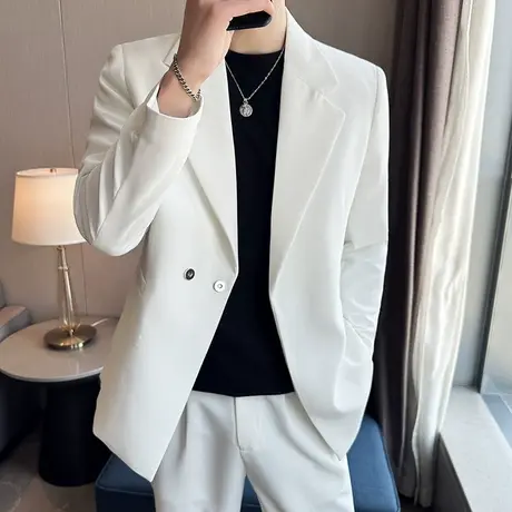 夏季宽松白色冰丝西服男空调外套休闲痞帅隐藏暗扣设计西服套装潮商品大图