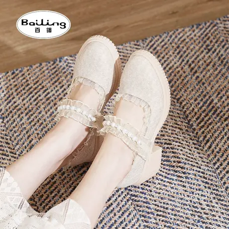 百翎女鞋2022新款玛丽珍单鞋中跟粗跟厚底软底花边单鞋小码女鞋子图片