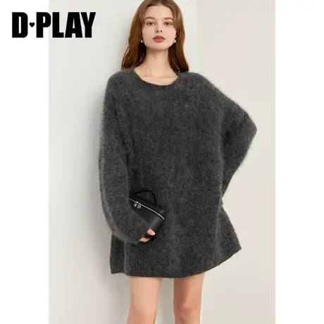 DPLAY冬慵懒风圆领落肩深灰色含马海毛针织毛衣上衣女图片