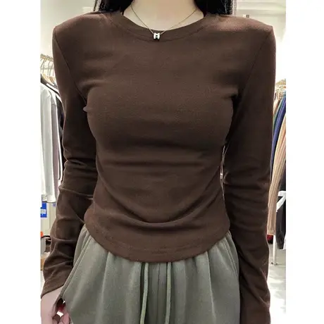 短款小个子长袖T恤女秋冬装修身显瘦内搭打底衫德绒磨毛保暖上衣商品大图