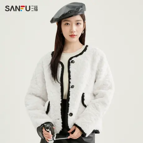 三福厚外套2023冬季圆领小香风撞色边保暖时尚上衣女装480562图片