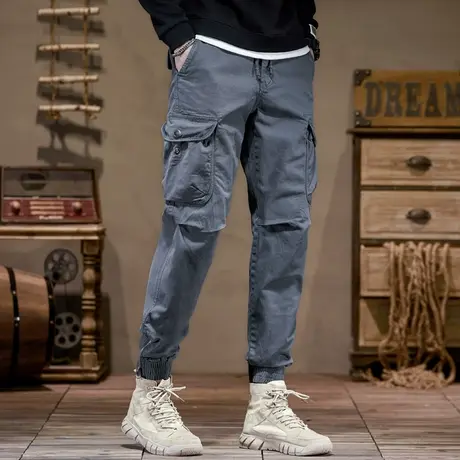时尚潮流裤子男款美式复古束脚工装裤男户外宽松纯色男裤休闲男装商品大图