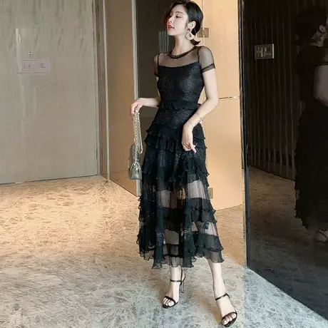 长款黑色小礼服修身显瘦名媛气质原宿大摆洋装宴会气质聚会连衣裙图片