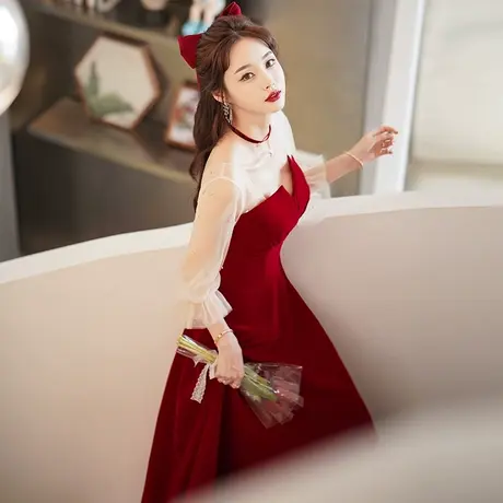 敬酒服新娘2024新款夏季结婚订婚回门酒红色礼服丝绒仙气长袖高级商品大图