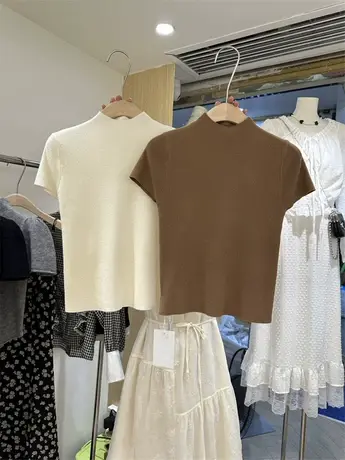 十三行2024年早春新款韩版修身小高领纯色通勤显瘦百搭短袖针织衫商品大图